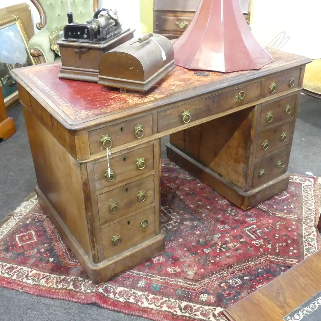 ANTIQUE DOUBLE PEDESTAL DESK - RED LEATHER TOP 1220x700mm FAULTS Image 1++