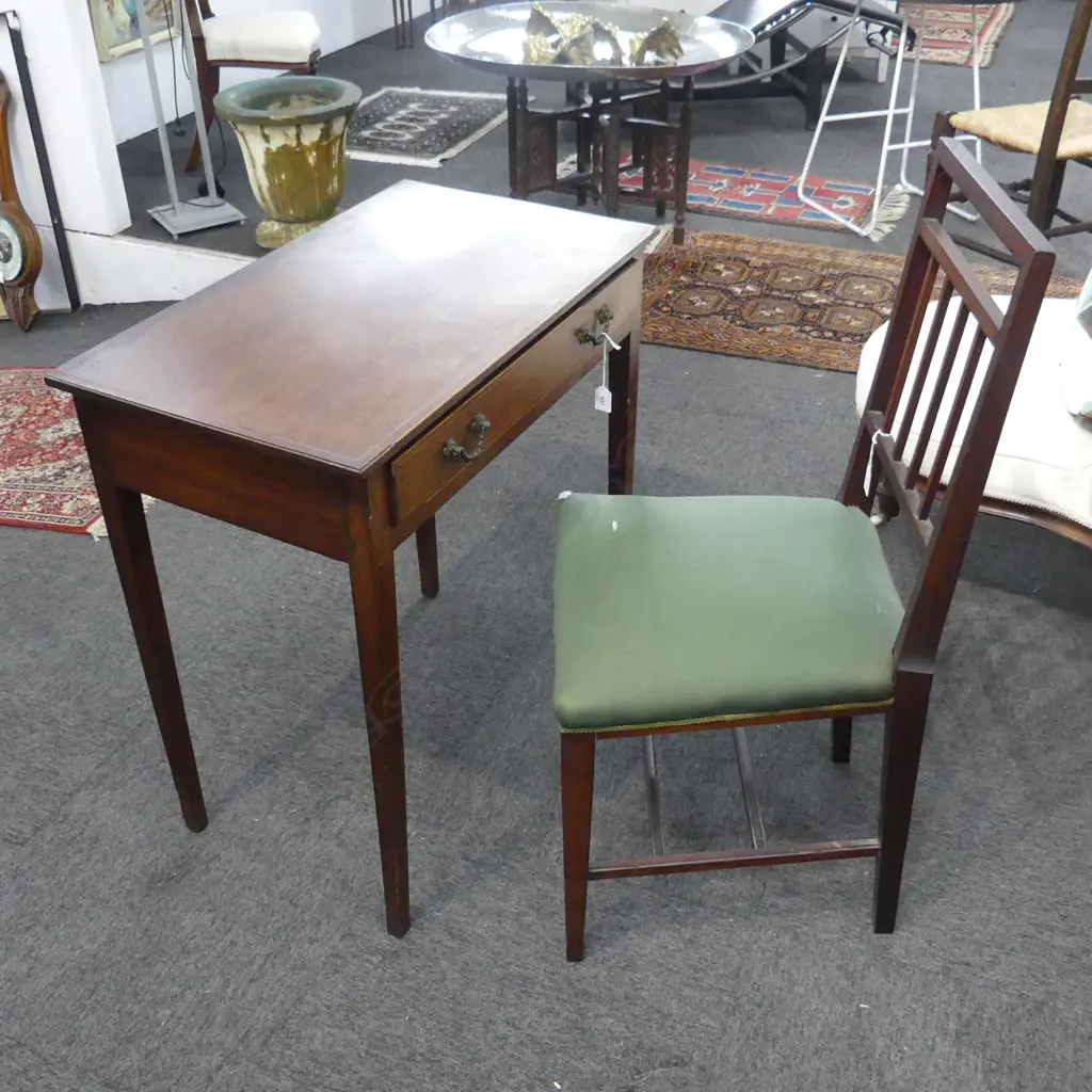 EARLY 20thC MAHOGANY TABLE 710x420x745mm INLAY LOSSES & CHAIR Image 1++