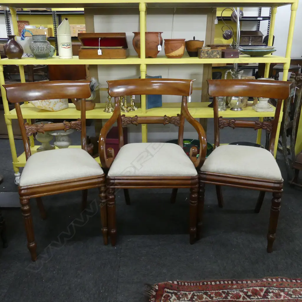 3 VICTORIAN MAHOGANY REUPHOLSTERED DINING CHAIRS - ARMS SNAPPED & MINOR BORER Image 1++