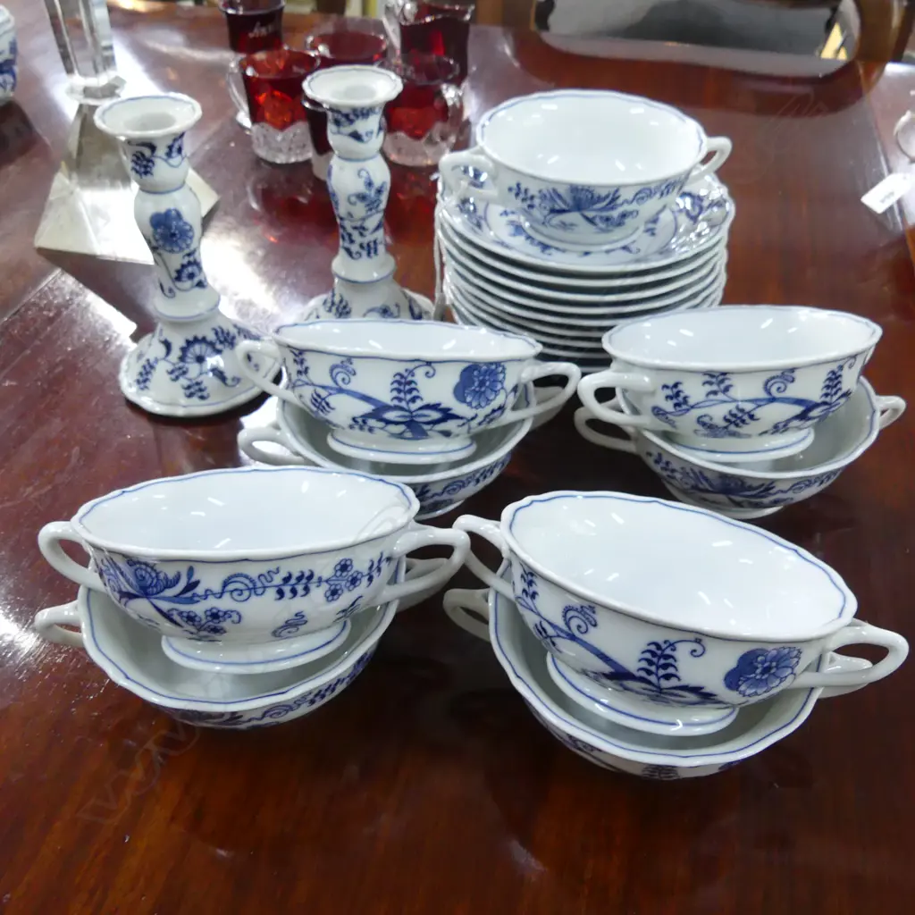9 BLUE DANUBE COUPES & SAUCERS 170mm dia + PR CANDLESTICKS H.160mm Image 1++
