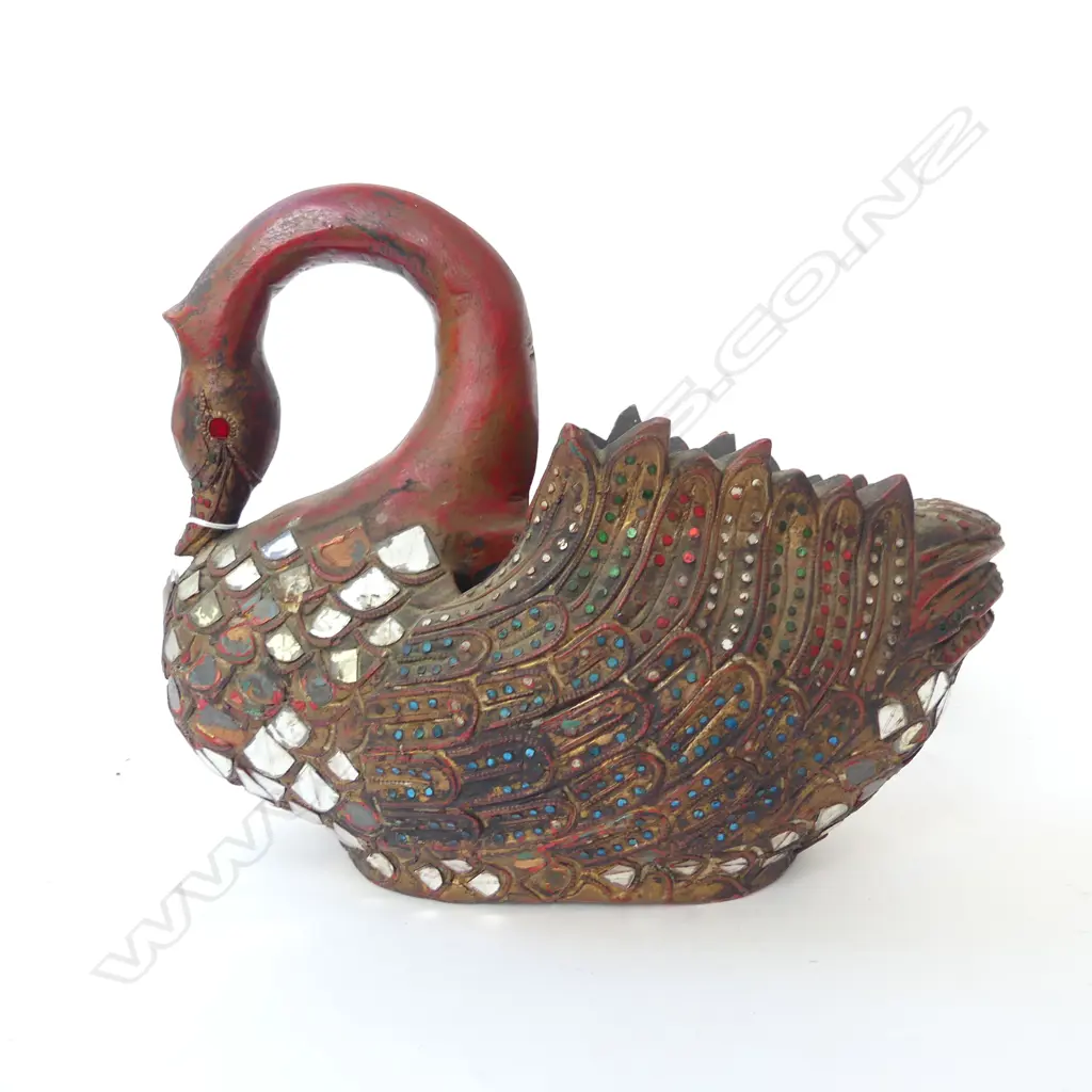 ORIENTAL DECORATED CARVED WOODEN SWAN L.360mm Image 1++