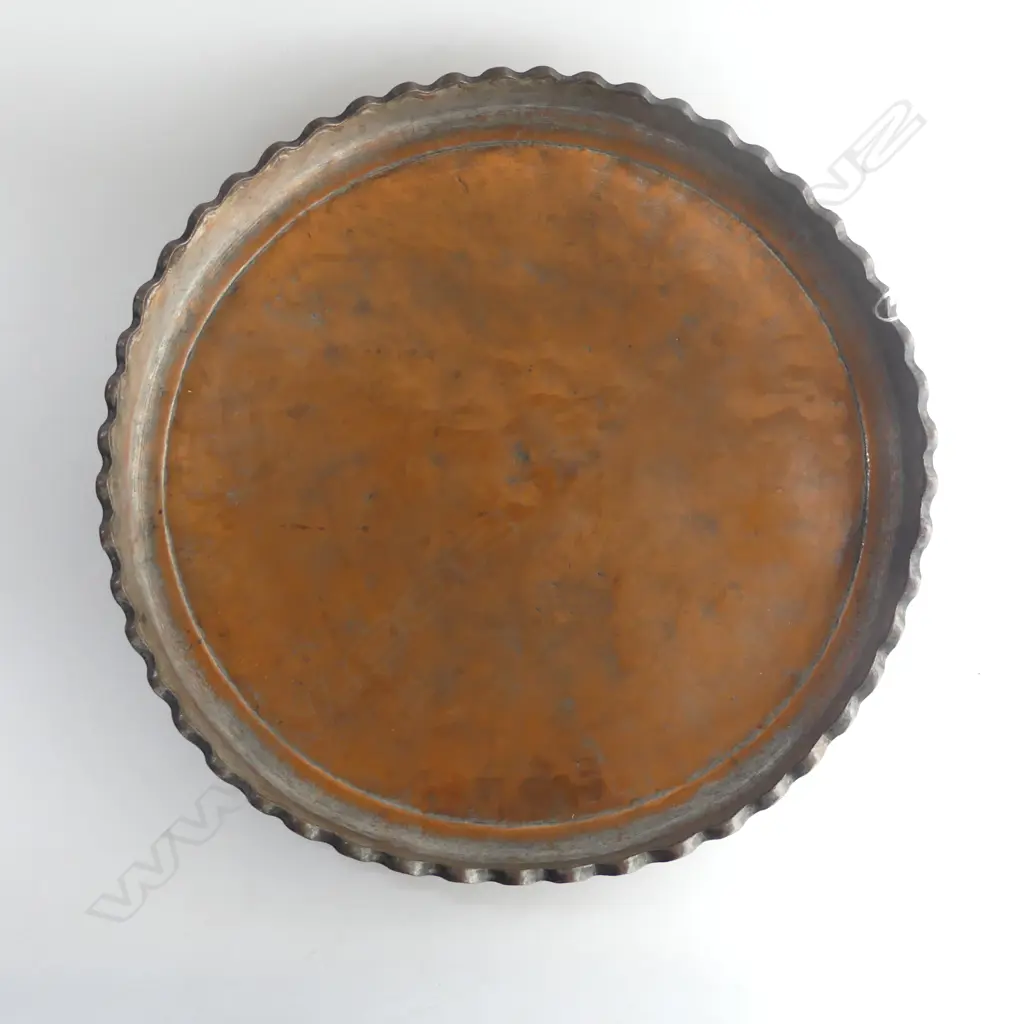 LARGE OLD PERSIAN SILVERED COPPER CIRCULAR TRAY Dia.540mm scalloped edge Image 1++