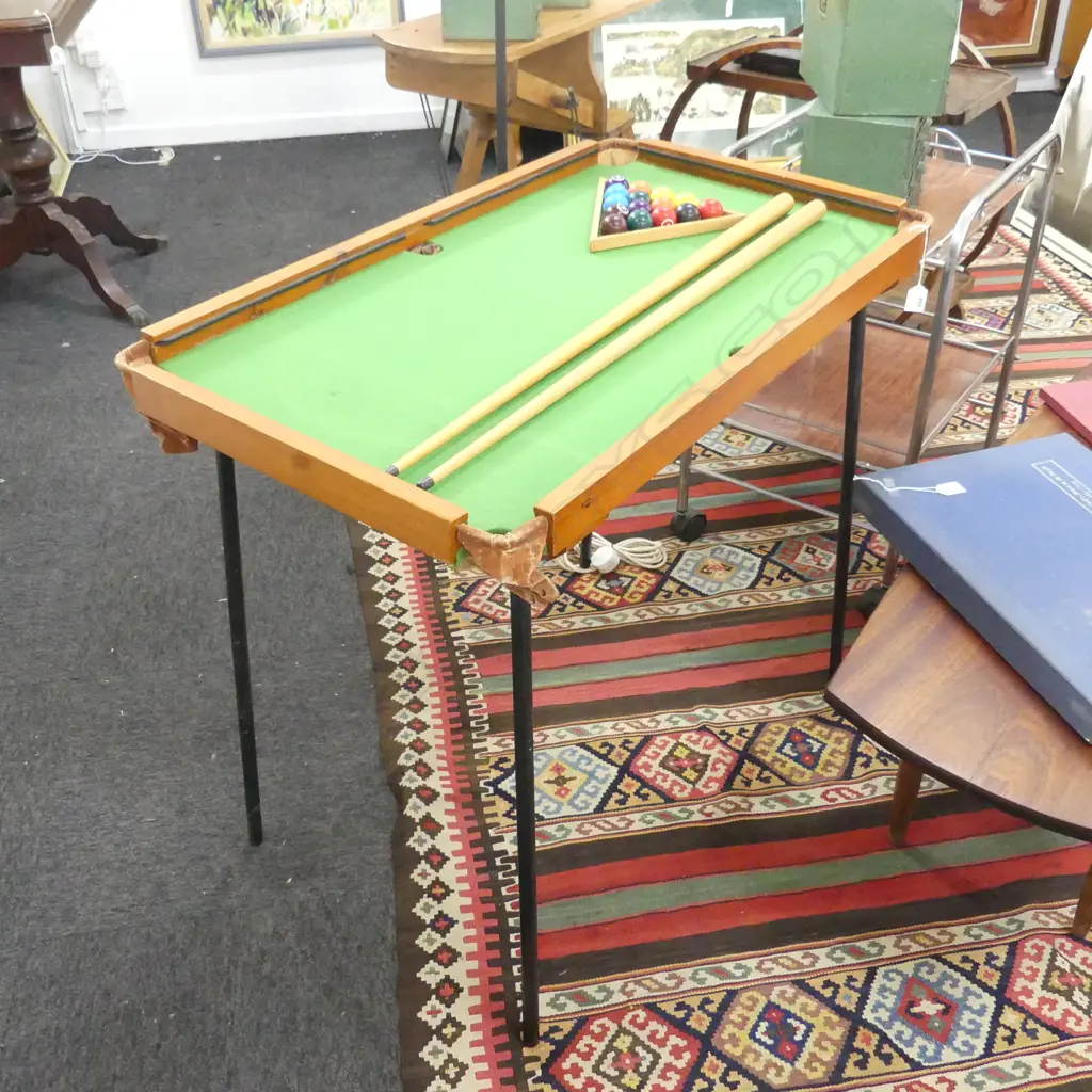 VINTAGE KIDS POOL TABLE - BRAZIL 1964, w. 4 DETACHABLE LEGS, 2 QUES, BALLS & TRIANGLE 520x905x70mm Image 1++