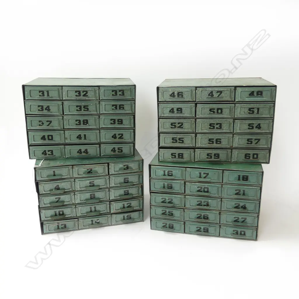 4 VINTAGE GREEN METAL NUMBERED DRAWERS 245x160x170mm each Image 1++