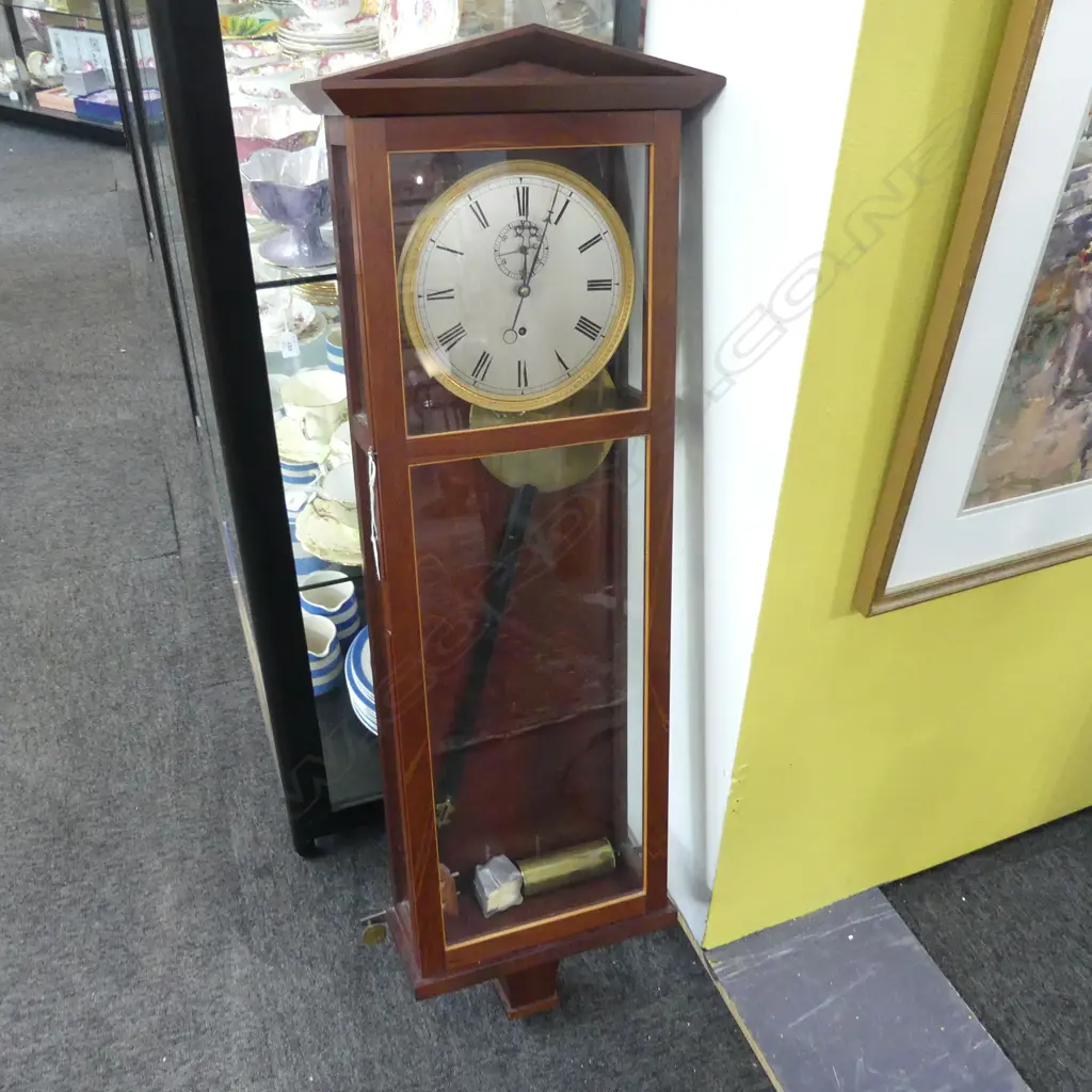 EDWARDIAN MAHOGANY REGULATOR WALL CLOCK. SUBSIDIARY SECONDS DIAL TEMPLE TOP AND EBONY PENDULUM SUPPORT. 330X115X980mm Image 1++