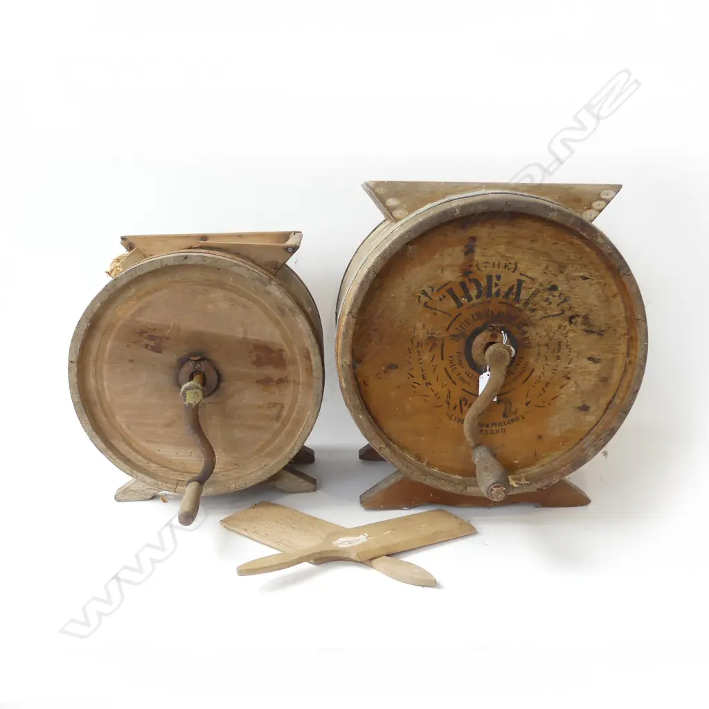 2 VINTAGE BUTTER CHURNS - both w. borer Image 1++