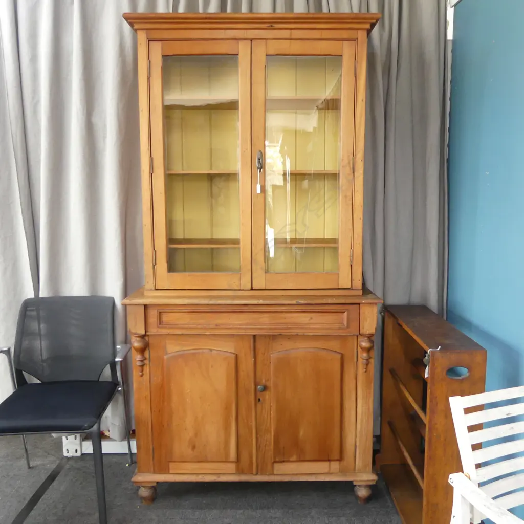 COLONIAL RIMU CHIFFIONIER w. LATER GLAZED BOOKCASE ABOVE... Image 1++
