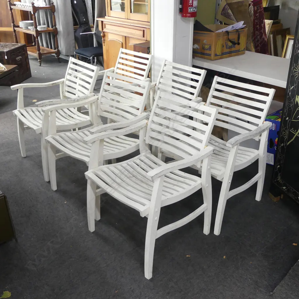 6 WHITE PAINTED OUTDOOR ARMCHAIRS Image 1++