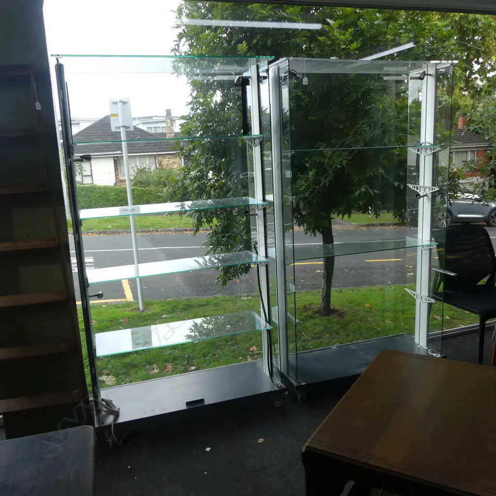 TWO GLASS CABINETS - NO DOORS AND BOTH WITH FAULTS Image 1++