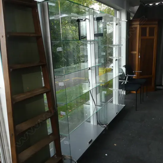 TWO GLASS CABINETS - NO DOORS AND BOTH WITH FAULTS