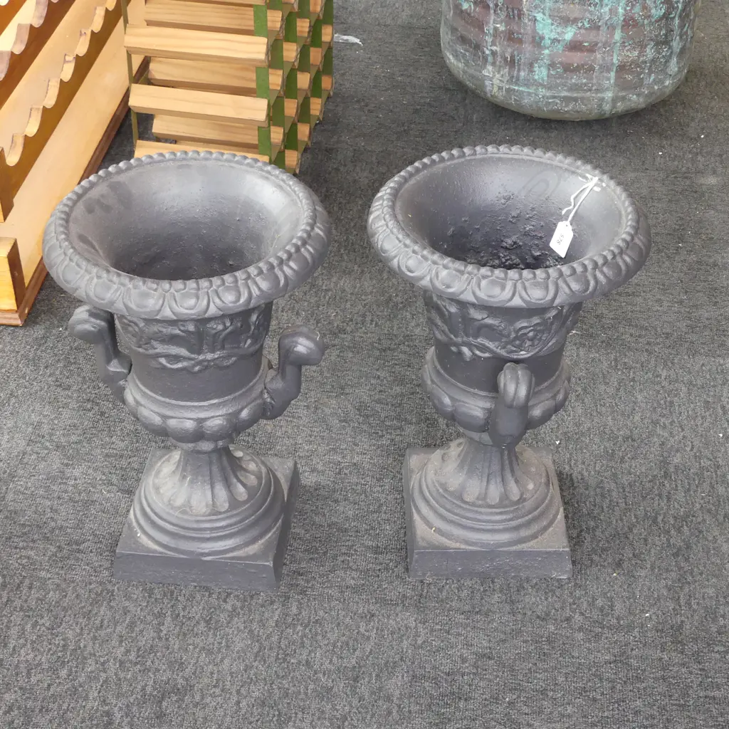 PR CLASSICAL CAST IRON PLANTERS painted black w handles. H.440mm Image 1++