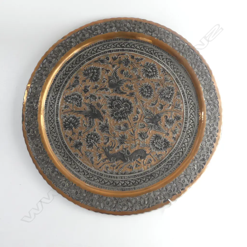 LARGE OLD PERSIAN SILVERED COPPER CIRCULAR TRAY Dia.490mm ornately & finely pierced & engraved deer birds florals Image 1++