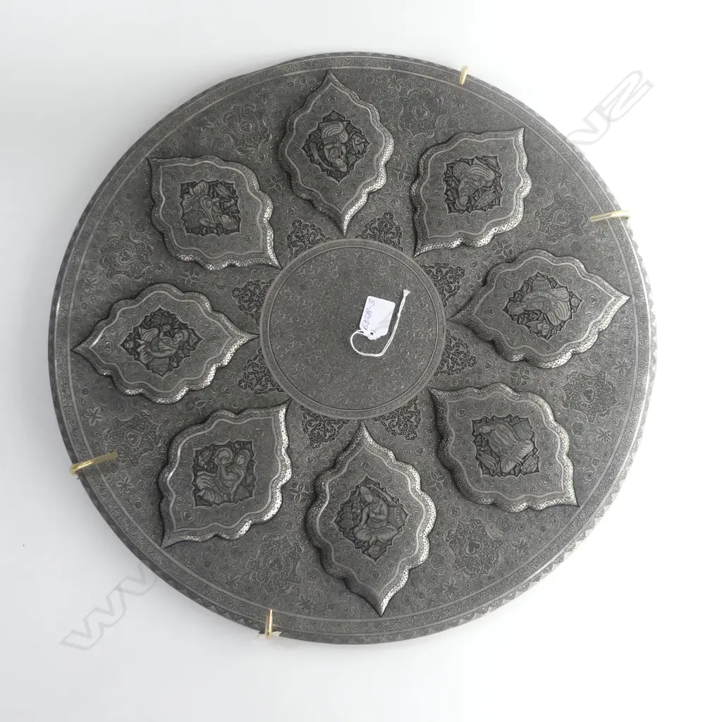 LARGE OLD PERSIAN SILVERED TIN CIRCULAR TRAY Dia.510mm ornately & finely engraved w 8 figured panels Image 1++