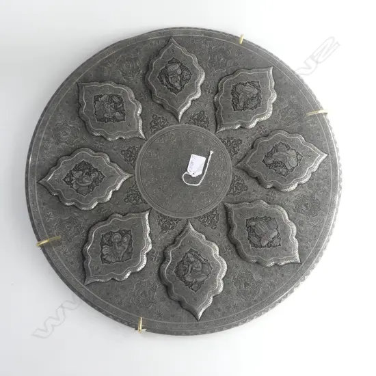 LARGE OLD PERSIAN SILVERED TIN CIRCULAR TRAY Dia.510mm ornately & finely engraved w 8 figured panels