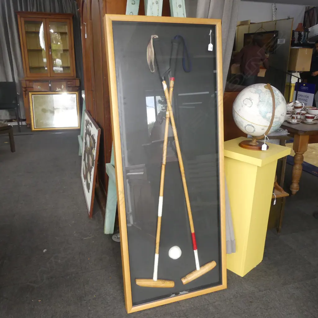 FRAMED PR OF VINTAGE POLO MALLETS + BALL framed & displayed behind glass 1550 x 610mm Image 1++