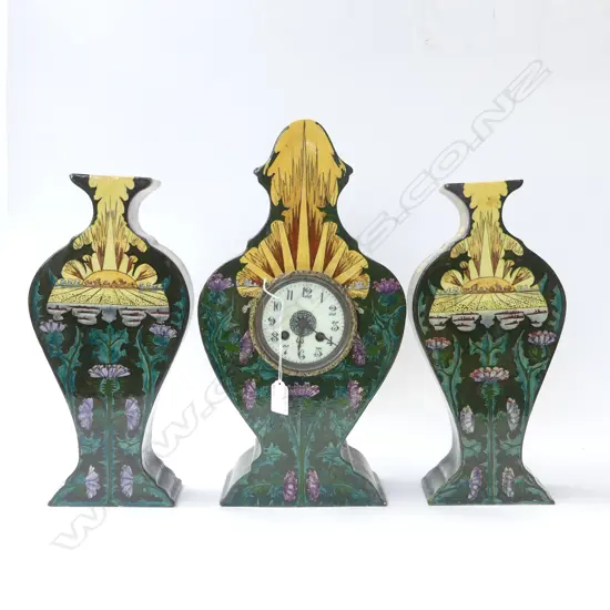 DUTCH FAIENCE DE PURMEREND GARNITURE SET; CLOCK H.415mm & PR VASES H.355mm - REPAIRS