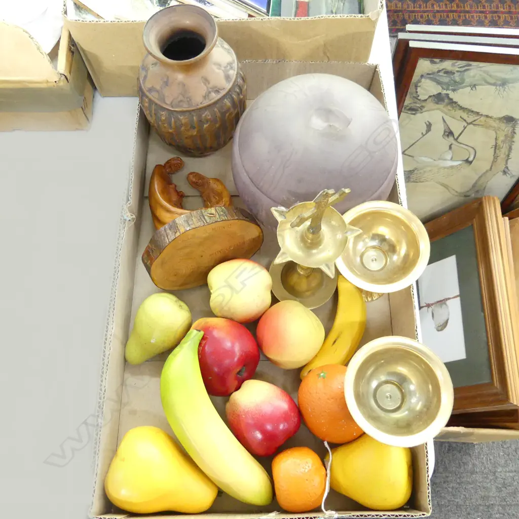 NZ ART GLASS PUMPKIN, VINTAGE CERAMIC FRUIT, 3 BRASS ALTAR PIECES, CARVED NZ WOOD NATIVITY SCENE & PERSIAN COPPER VASE Image 1++