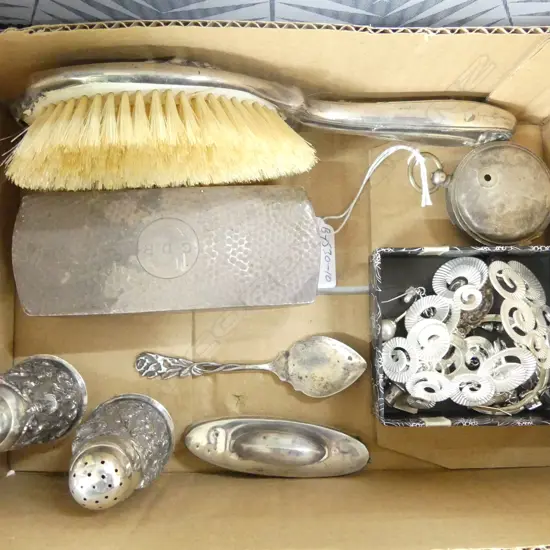 ASST. SILVER INCL. CRUETS, JEWELLERY, SPOONS, SCRAP ETC