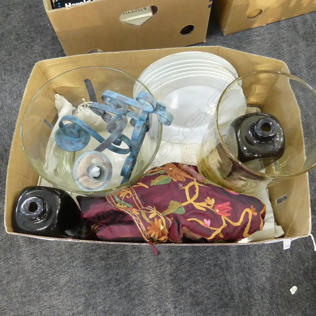 ASST. ANTIQUE LINENS, 6 PLATES, 2 HURRICANE VASES ETC Image 1++