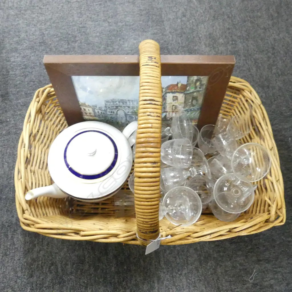 BASKET w. R. WORCESTER 'HOWARD' TEA POT (FINIAL REPAIRED), CRYSTAL GLASSES, FRENCH OIL PAINTING Image 1++
