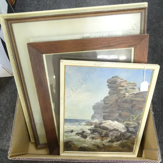 4 OLDER ARTWORKS; George Woolley coastal oil + village arch w/c + villa w/c etc