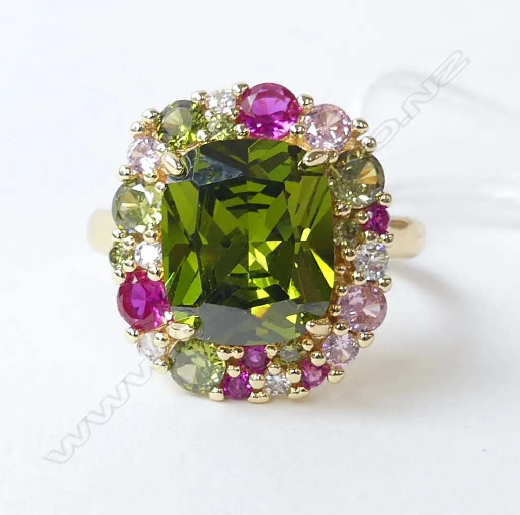 MULTI COLOURED STONE RING IN GREENS & PINKS, SIZE S Image 1++