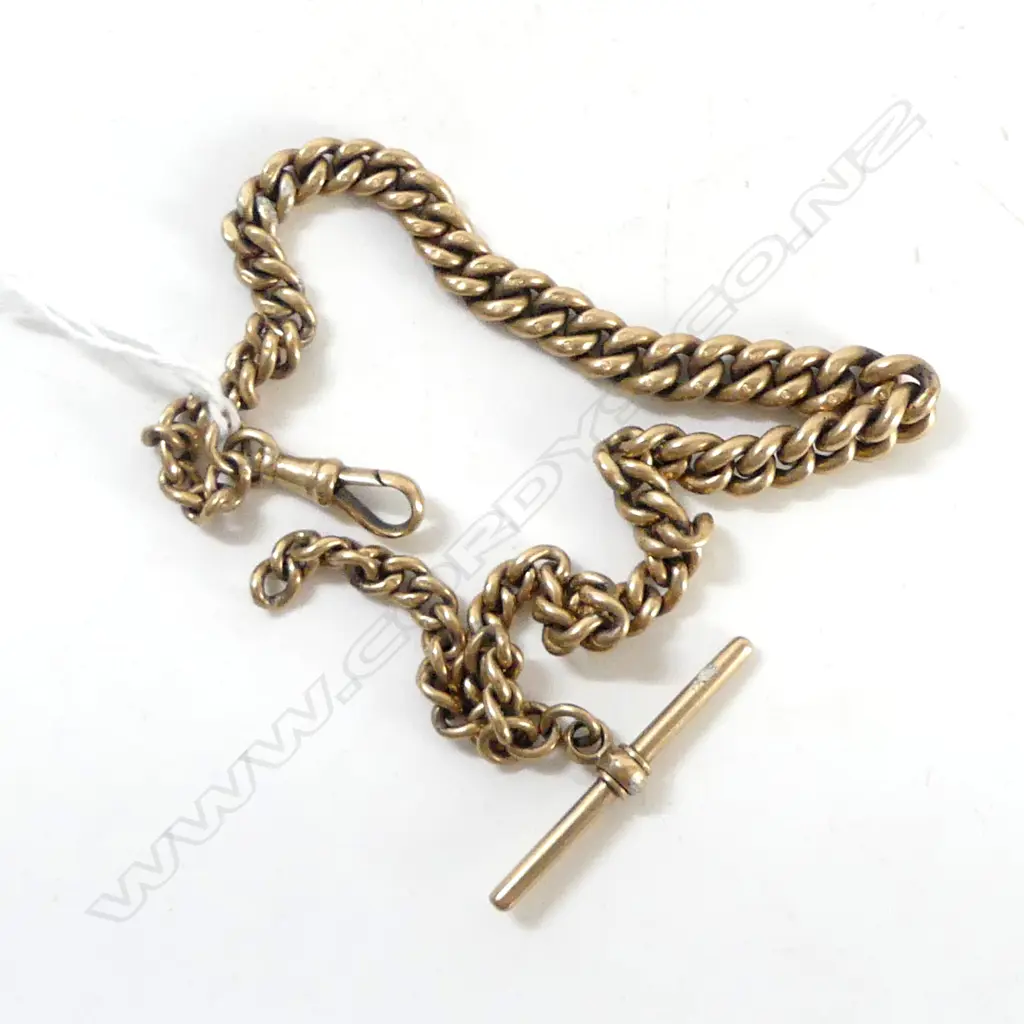 c1900 9ct YELLOW GOLD GRADUATED CURB LINK ALBERT CHAIN W T-BAR 45.6gms Image 1++