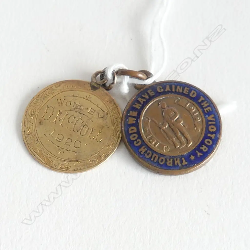 9ct GOLD NZ 'WESNEY' FOB MEDALLION 1920 2.4gms + WWI medallion 'Through God we Gained the Victory' by G. Moller Dunedin Image 1++