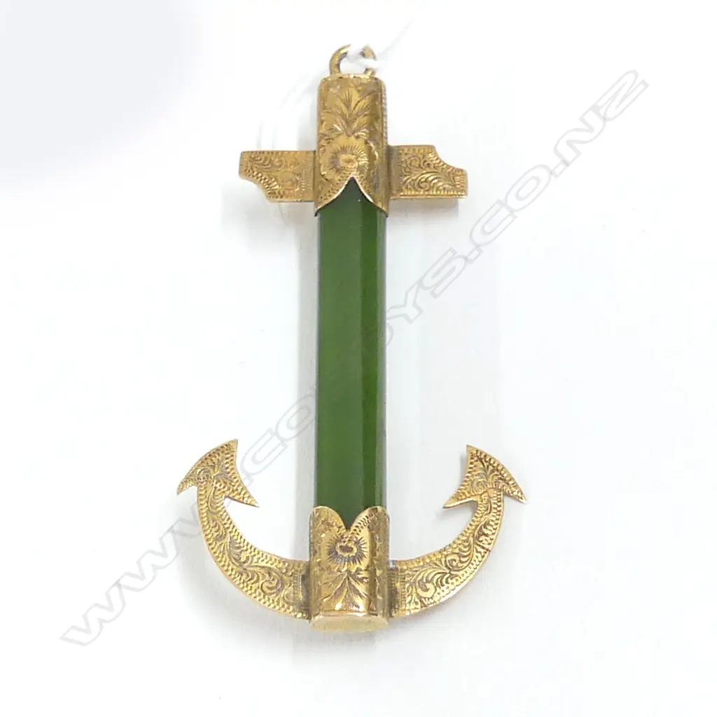 15CT GOLD & POUNAMU ANCHOR PENDANT BROOCH early 20thC H.60mm Image 1++