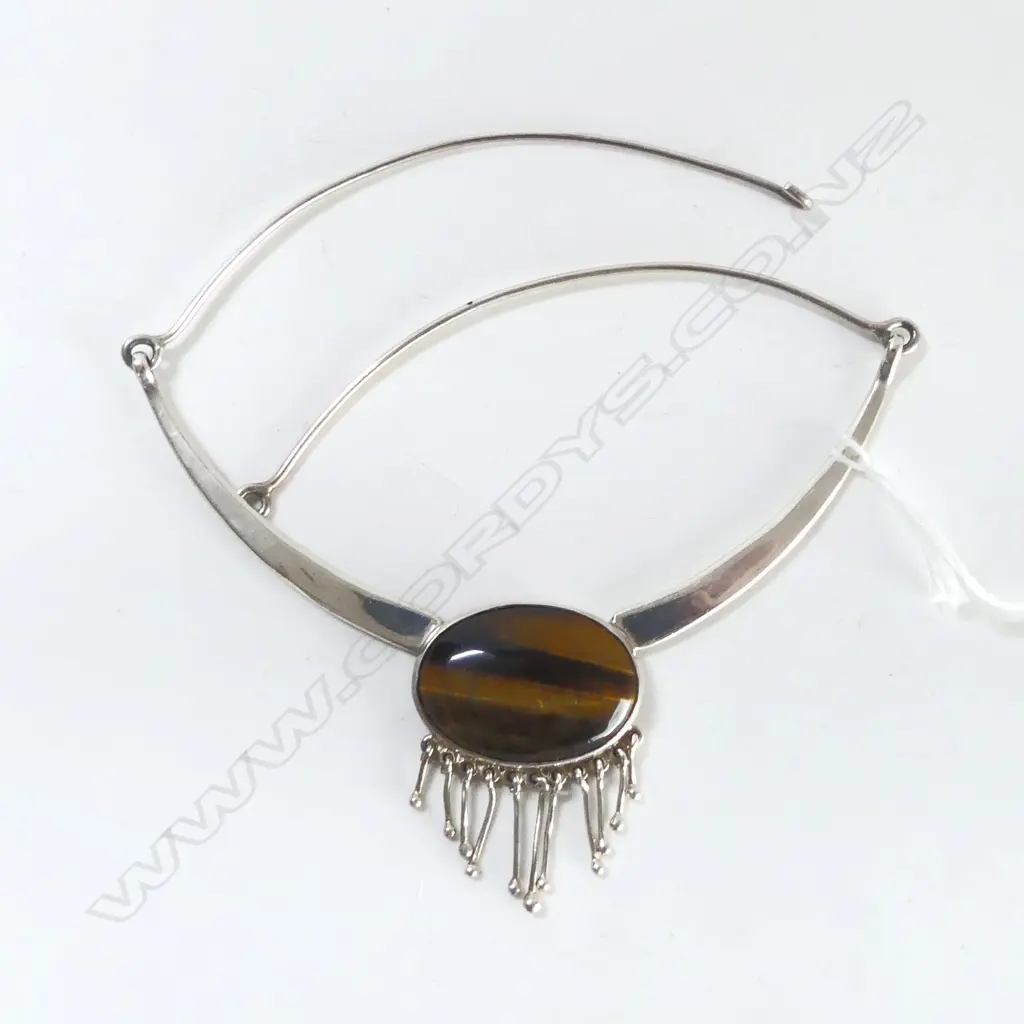 DESIGNER SILVER & TIGERS EYE NECKLET W ROD TASSLE FRINGE Image 1++
