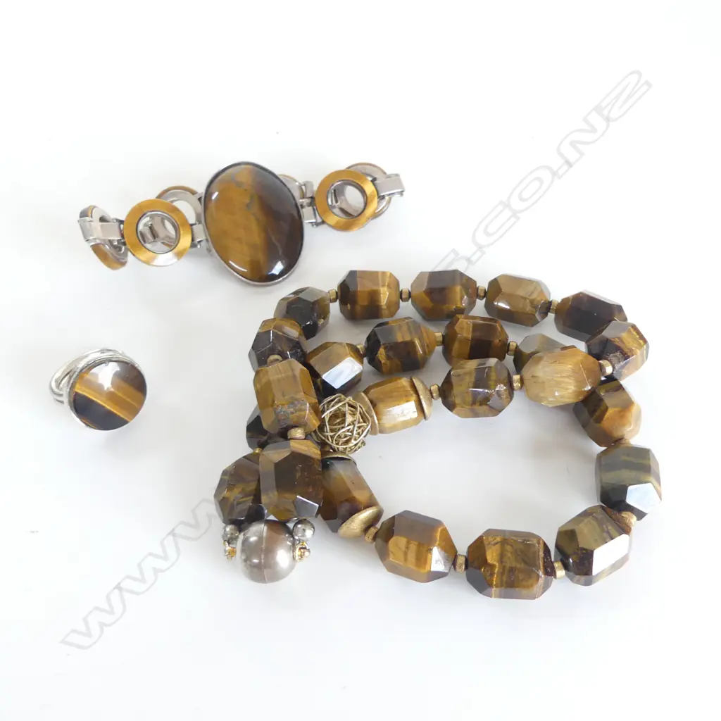 SET OF RETRO TIGER EYE JEWELLERY 925 SILVER BRACELET RING & NECKLACE  Image 1++
