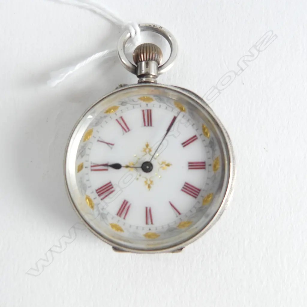 c1900 SILVER MID SIZE OPEN FACE FOB WATCH red Roman numerals & gilt to dial apparently running Image 1++