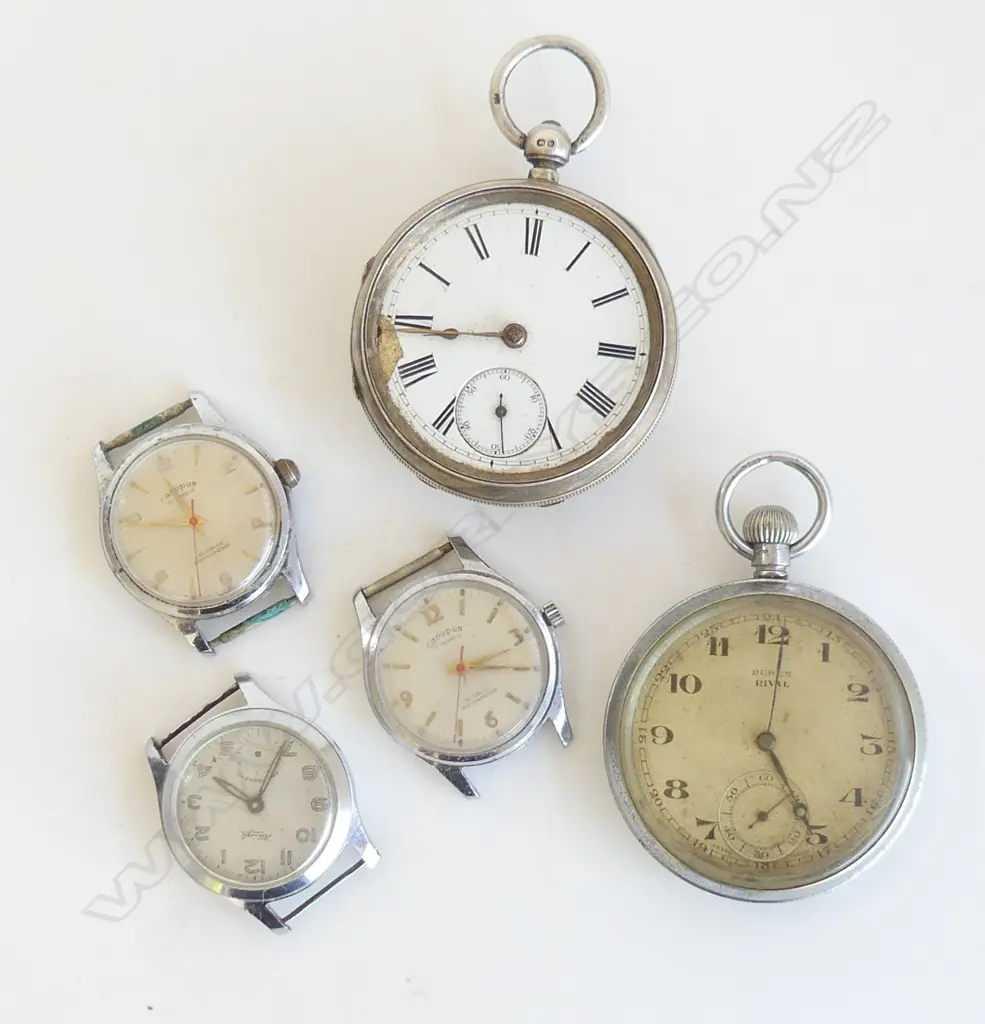 5 watches: BUREN RIVAL POCKET WATCH running + 3 wrist watches & 1 other pocket watch. Some faults Image 1++