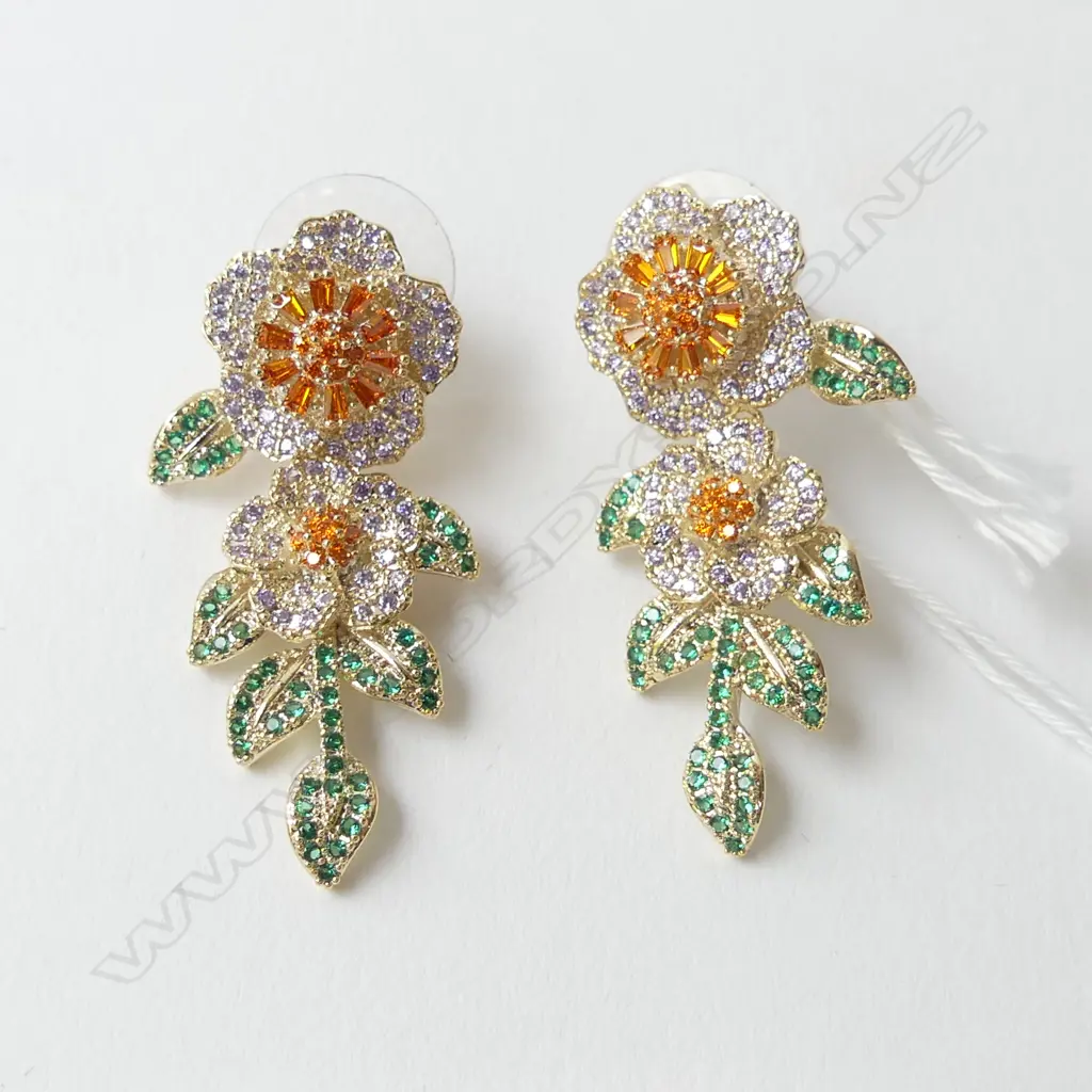 SPARKLY FLORAL DROP EARRINGS, ORANGE & GREEN DIAMANTE Image 1++