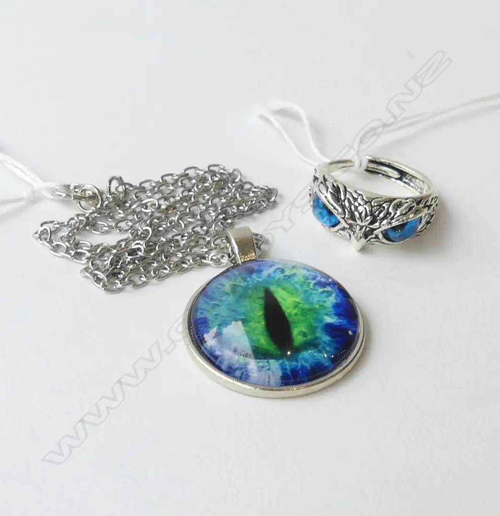 BLUE EYED OWL RING (adjustable) & BLUE IRIS PENDANT ON CHAIN Image 1++