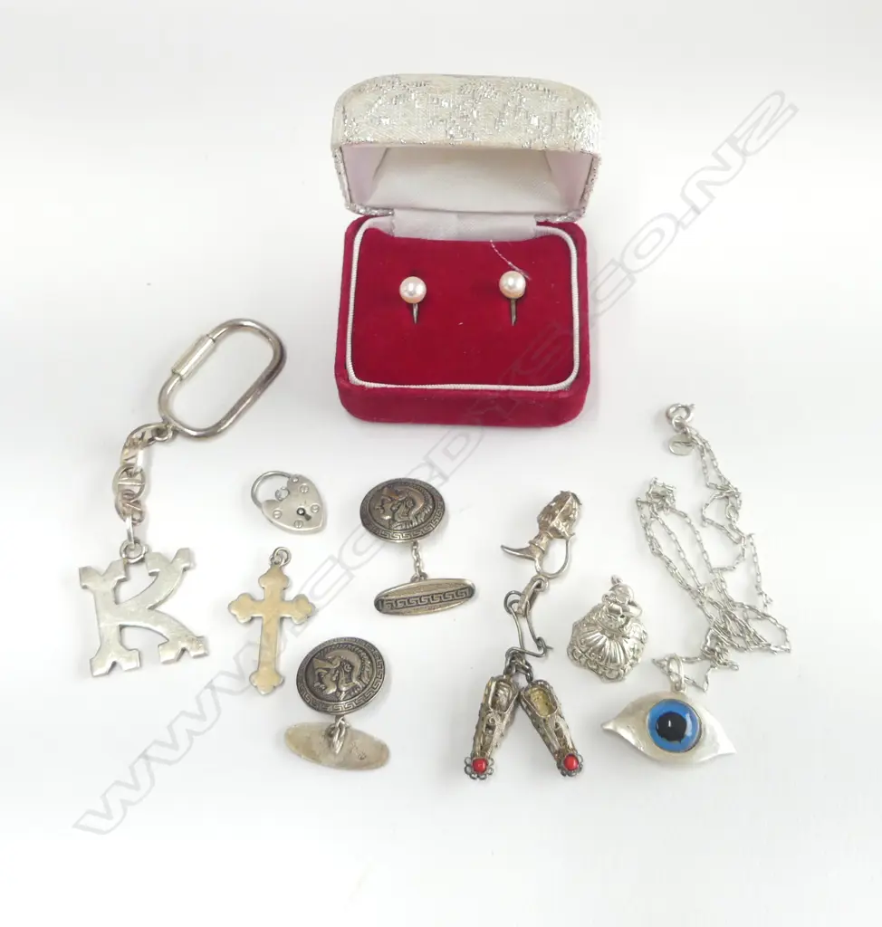 ASST SILVER JEWELLERY: WAX FOB SEAL + CUFF LINKS + CROSS + EARRINGS ETC Image 1++