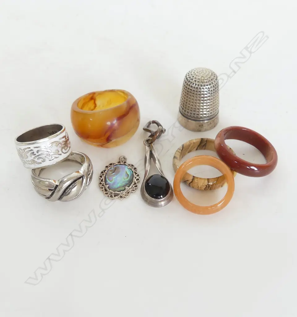 6 RINGS; 4 STONE, 2 STG?, PENDANT, THIMBLE Image 1++