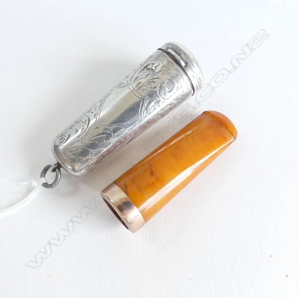 Birmingham 1912 SILVER ENGRAVED CIGAR HOLDER W 9ct gold mounted amber style holder Image 1++