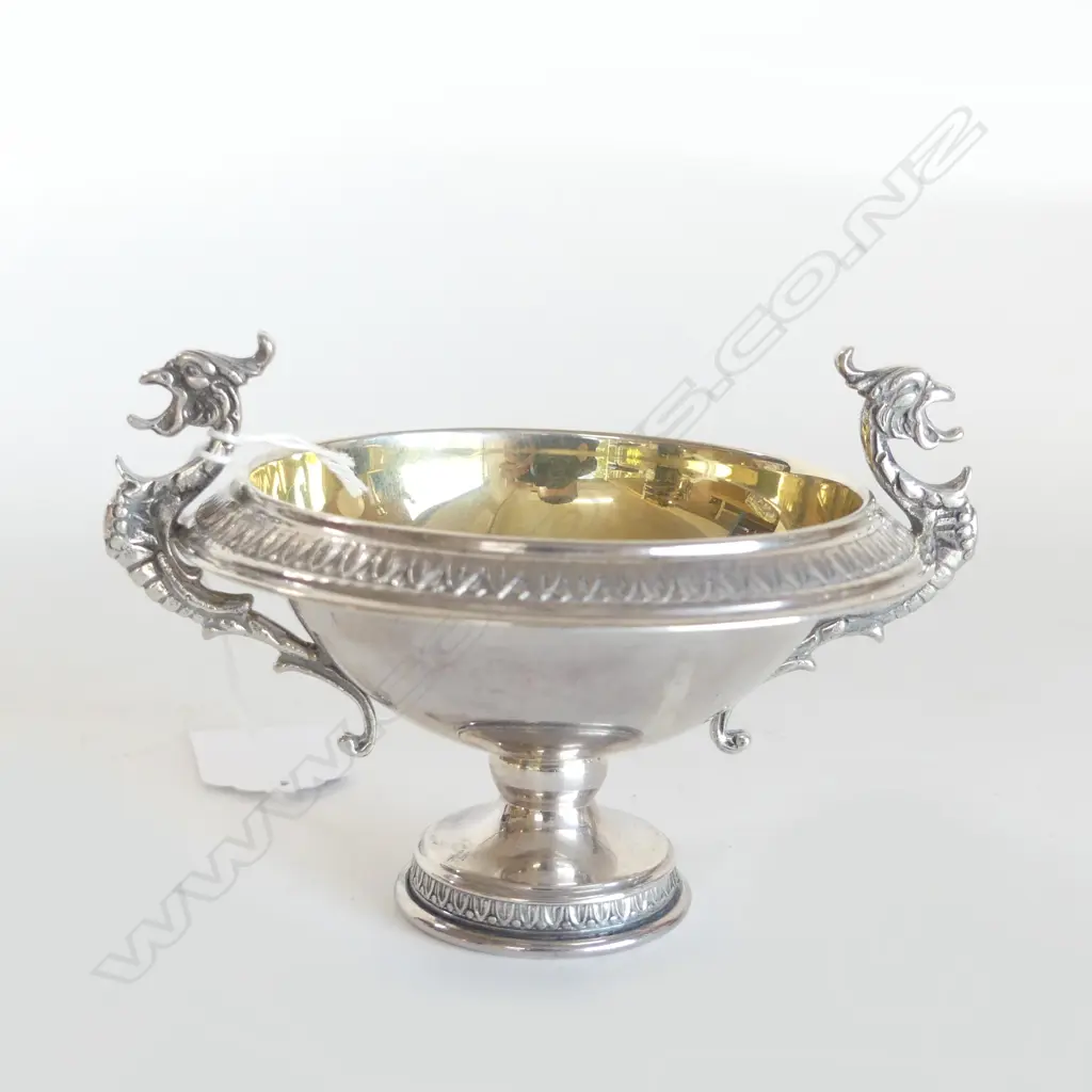 925 Silver Gilt Continental Sugar Bowl w dragon handles,176 gm (sml base probably weighted) Image 1++