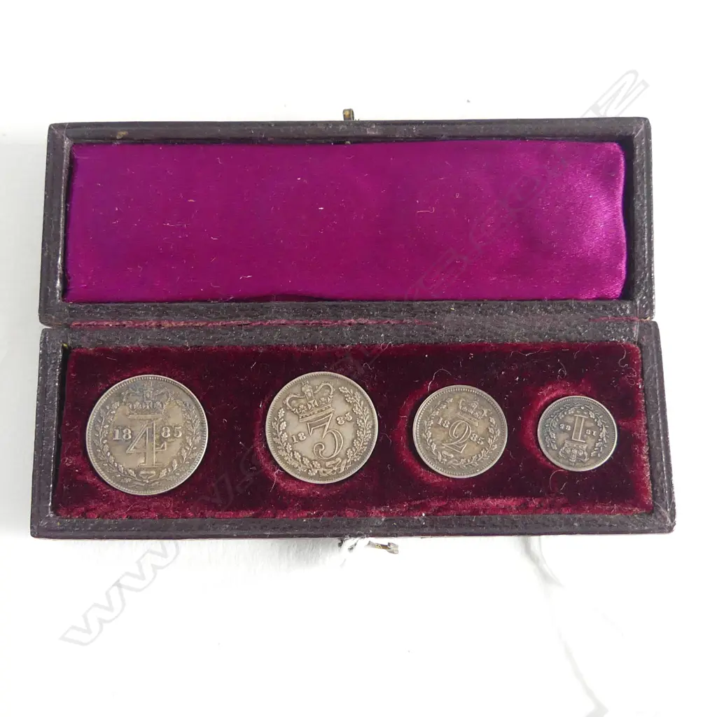 1885 .MAUNDY MONEY' BOXED SET 4.3.2.1. velvet lined leather box tooled gilt w British Coat of Arms & 'Maundy Money' Image 1++