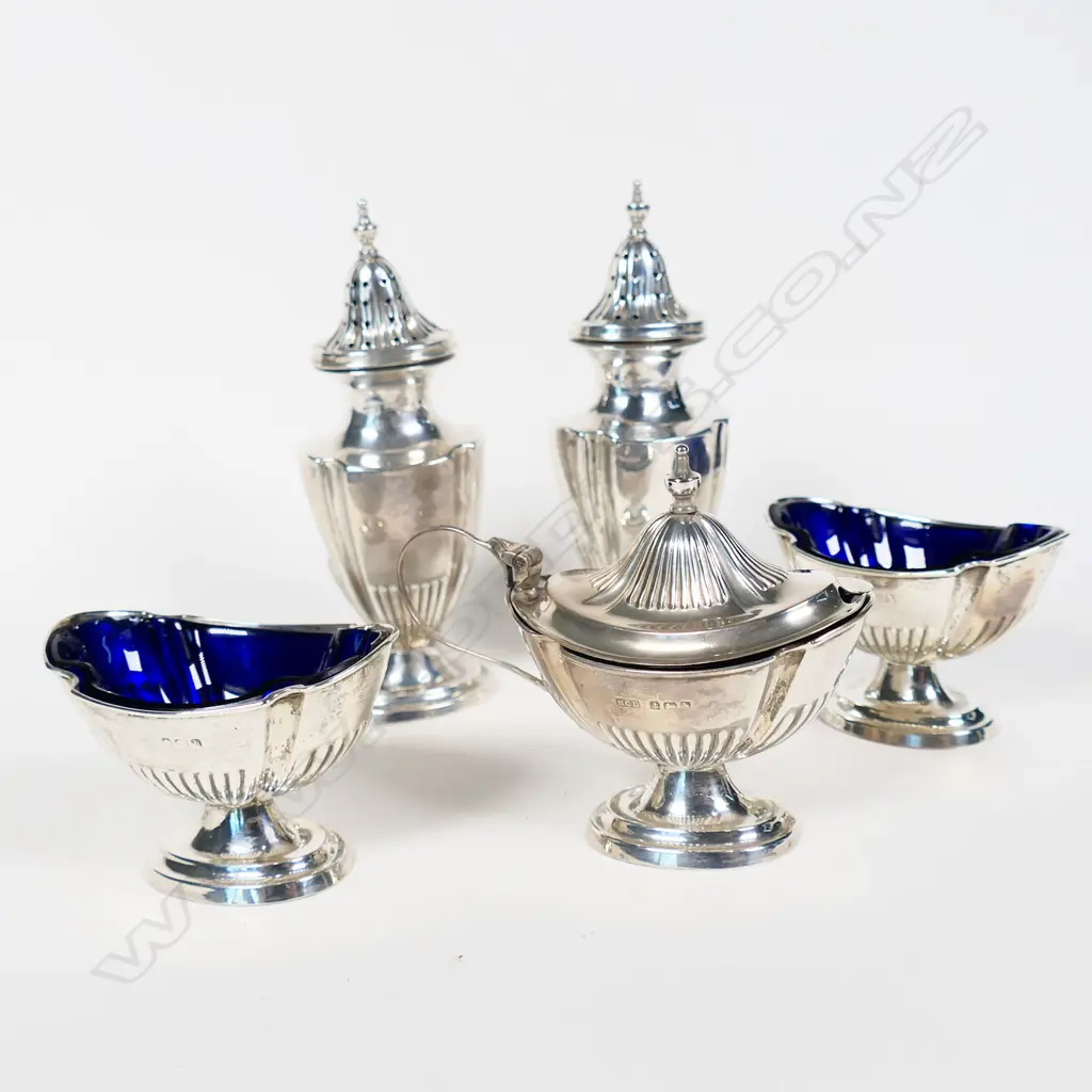 5 PC SILVER CONDIMENT SET w BLUE GLASS INSETS, BIRMINGHAM 1907, 89gm + 2 weighted Image 1++