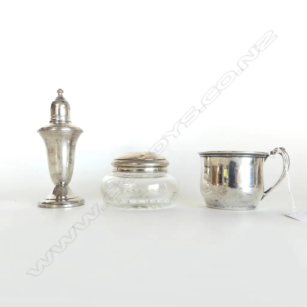 3 SILVER PCES; VANITY JAR, PEPPERETTE, CONTIENTAL SILVER CUP 73gms Image 1++