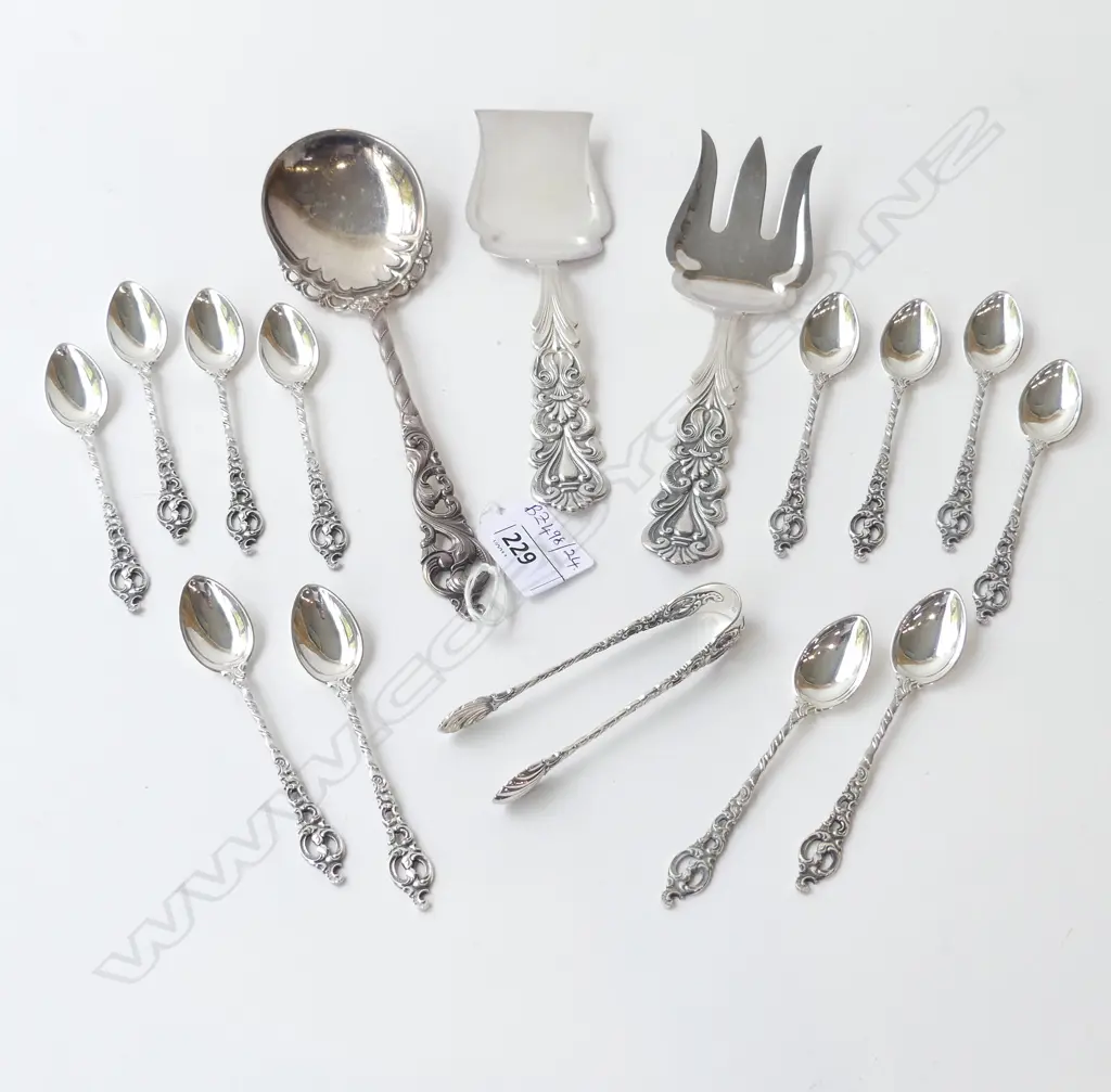 12 830 SILVER COFFEE SPOONS + SUGAR TONGS + LG SPOON 152gms + PR SILVER? SERVERS Image 1++