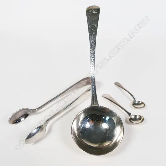 SILVER SAUCE LADLE, LONDON 1788, CHARLES HOUGHAM, & 2 SILVER SALT SPOONS, 50gm & EPNS TONGS