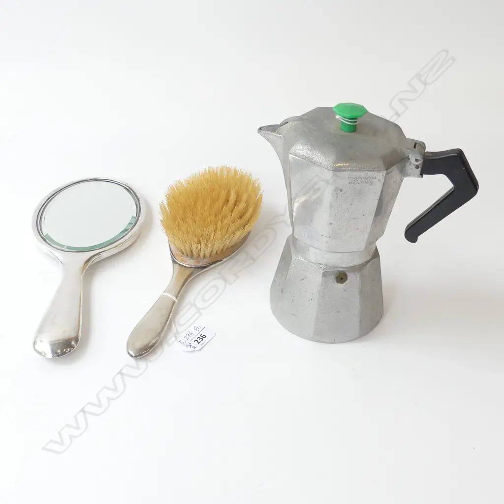 OLD STOVETOP ESPRESSO WITH GREEN BAKELITE FINIAL & SILVER MIRROR & HAIRBRUSH, 1919 Image 1++