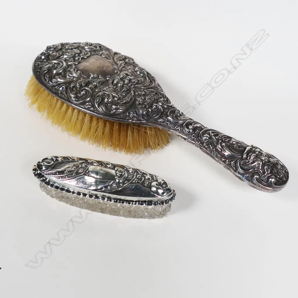 2 PC, CUT CRYSTAL SILVER TOPPED VANITY JAR, LONDON & ORNATE SILVER TOPPED HAIRBRUSH, CHESTER 1900 Image 1++