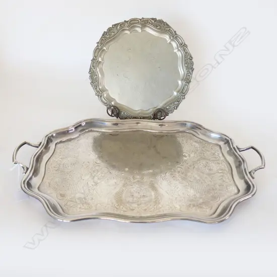 TWO EPNS TRAYS, 1 LG ENGRAVED w HANDLES, L.500mm  & SM FOOTED & SCALLOPED EDGES, DIA.300mm