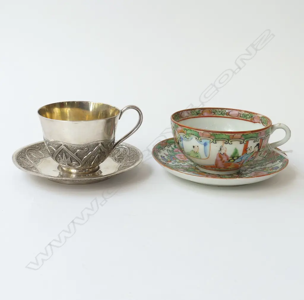 OLD CHINESE FAMILE ROSE CUP & SAUCER AND PERSIAN? INTERIOR GILDED CUP & SAUCER Image 1++