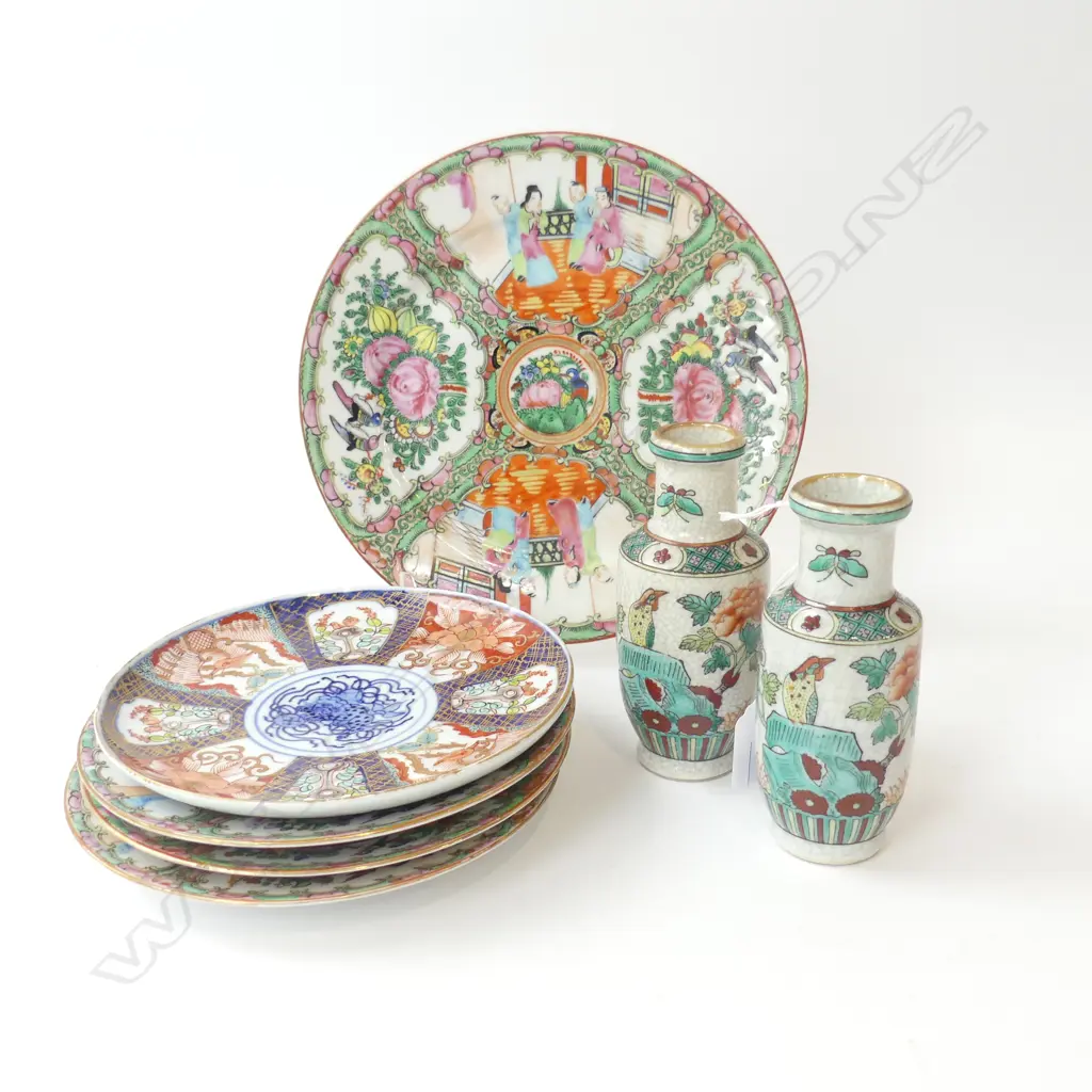 5 ORIENTAL PLATES 240mm dia, PR VASES H.140mm Image 1++