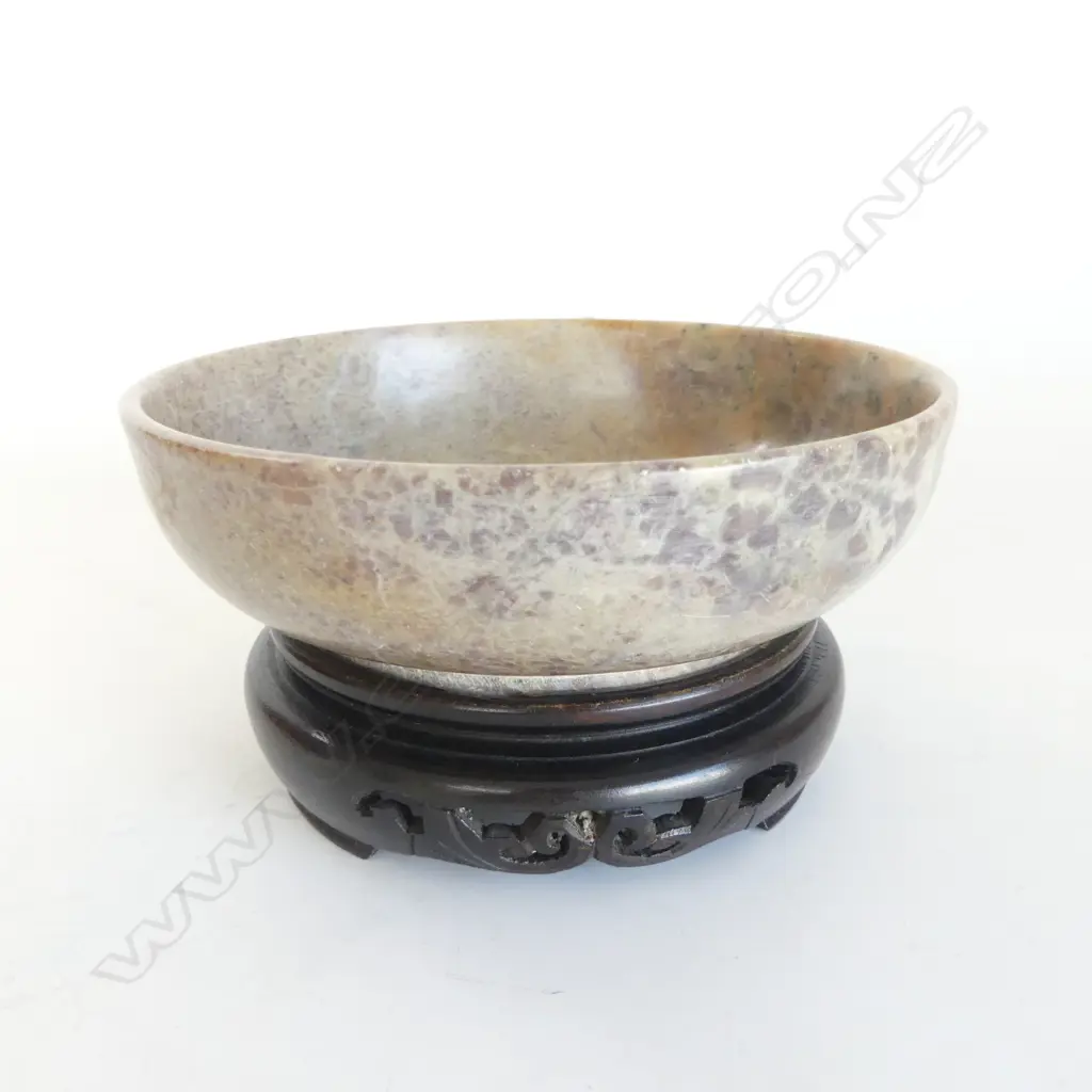 ORIENTAL CARVED STONE BOWL 160mm dia ON STAND Image 1++